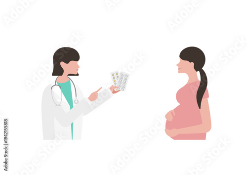 薬の説明をする女医と妊婦の診療のベクターイラスト素材