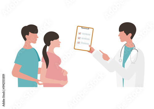 チェックリストを持つ医師と妊婦夫婦の診療のベクターイラスト素材（医師左向き）