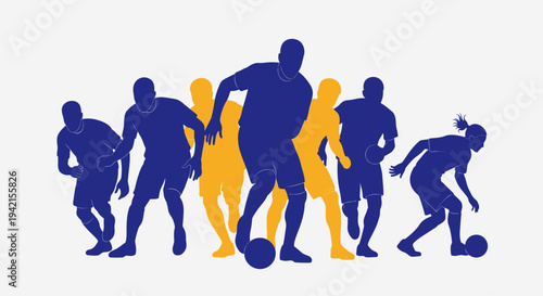 Silhouettes of diverse soccer players in action on a white background.