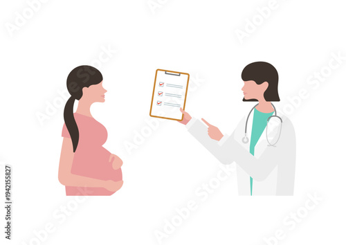 チェックリストを持つ女医と妊婦の診療のベクターイラスト素材（女医左向き）