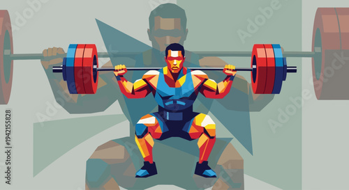 Strong Male Weightlifter Performing Barbell Squat Exercise.