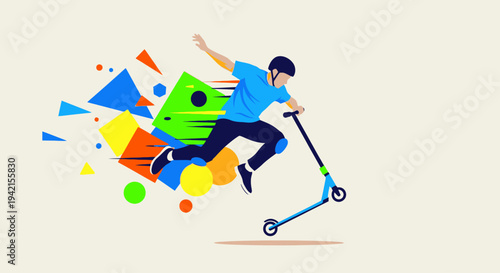 Dynamic illustration of a man performing a trick on a scooter.