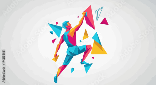 Dynamic geometric illustration of a male rock climber ascending.
