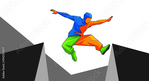Dynamic male parkour athlete mid-air jump over obstacles.