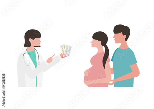 薬の説明をする女医と妊婦夫婦の診療のベクターイラスト素材