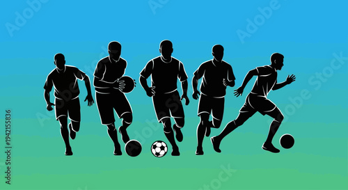 Silhouettes of five male soccer players in various action poses.