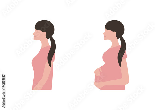 妊娠前と妊娠後期の女性のベクターイラストセット素材（左向き）