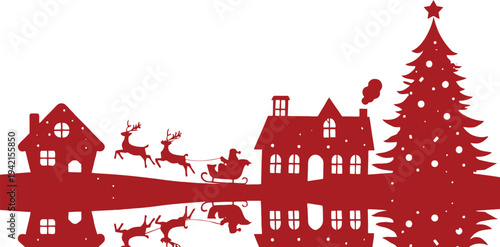 Red silhouette of Santa Claus in sleigh pulled by reindeer over houses and Christmas tree  winter holiday scene