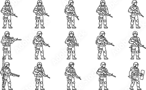 Military Soldier Line Icon Set with Armed Army Troopers, Tactical Infantry, Combat Gear, Rifle Weapons and Defense Security Forces Symbols
