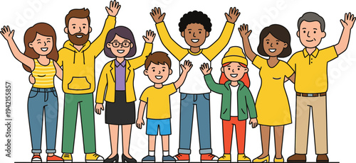 Multicultural group of happy people waving hands together vector illustration showing diversity, community unity, family members and inclusive society teamwork concept
