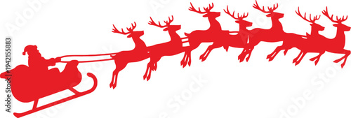 Santa Claus riding in sleigh pulled by reindeer on Christmas Eve night sky