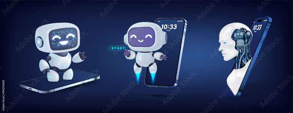 Fototapeta premium A humanoid robot and cute robots, a set of AI phone assistants. Cute 3D robotic agents greet you, a support chatbot, realistic 3D robots with mobile phones. Realistic vector set for AI projects.