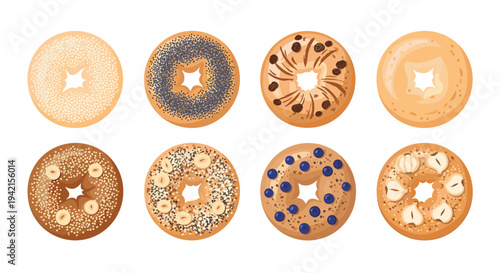 Eight distinct bagels, featuring various toppings and flavors including hazelnut and raisin, are presented in two rows on a white background.