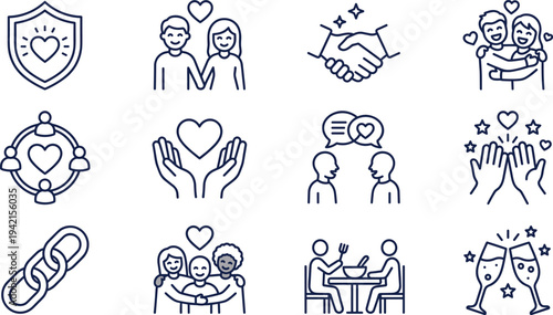 Relationship and social connection line icon set with love, friendship, partnership, family bonding and community support symbols vector illustration