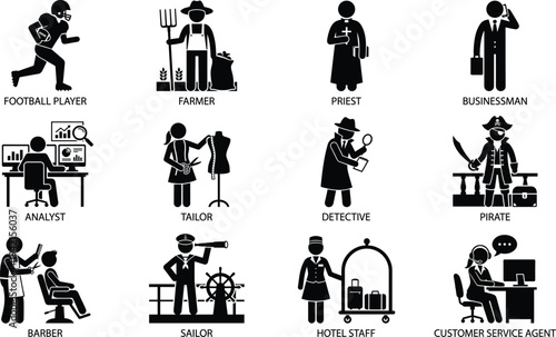 Profession and occupation glyph icon set with football player, farmer, priest, businessman, analyst, tailor, detective and service worker symbols vector illustration