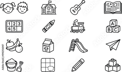 School and kindergarten line icon set with book, guitar, numbers, train, playground slide, milk carton, paper airplane and learning symbols vector illustration