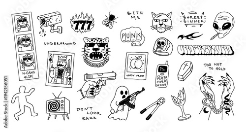 Doodle flash tattoo with curved lines and a funny style. Underground and street culture in doodle, sketch style. Criminal tattoos with humor in outline style. Lettering, logo, graffiti. Vector set