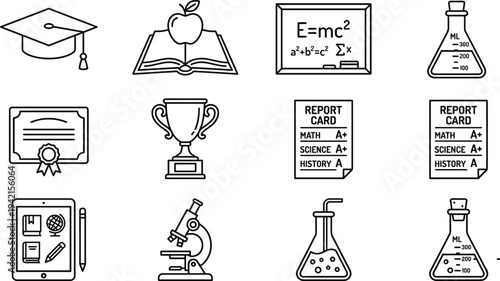 School Education and Academic Achievement Line Icon Set with Graduation Cap, Certificate, Trophy, Report Card, Microscope and Science Laboratory Symbols