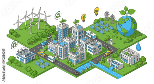 Vector illustration of eco-friendly city with renewable energy sources