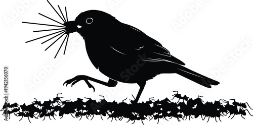 Vector bird with food in beak surrounded by ants silhouette design