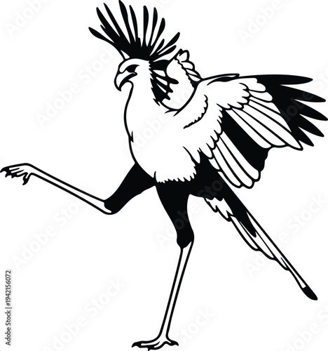 Vector black and white secretary bird wildlife predator profile animal silhouette design