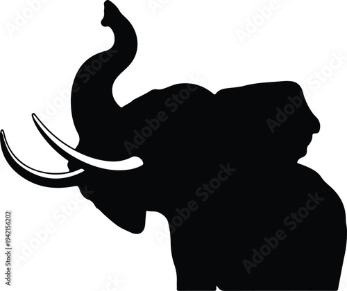 Vector elephant head with raised trunk and tusks silhouette design