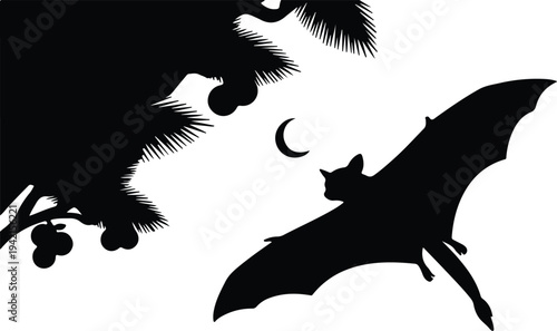 Vector flying bat in night sky with moon and tree silhouette design