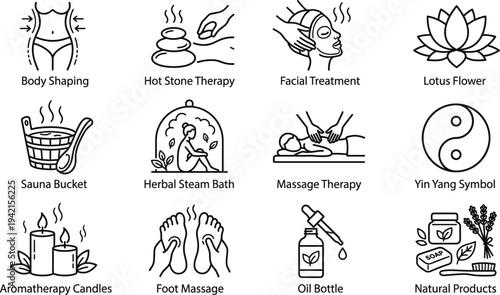 Spa and wellness therapy icon set with body shaping, hot stone massage, facial treatment, aromatherapy candles and natural skincare symbols vector illustration