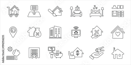 house and real estate icons set. bedroom,  moving, address, smart house, garden, garage and more. simple line vector illustration