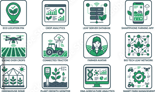 Smart agriculture technology icon set with crop analytics, connected tractor, greenhouse monitoring, drone farming and agri data management symbols vector illustration
