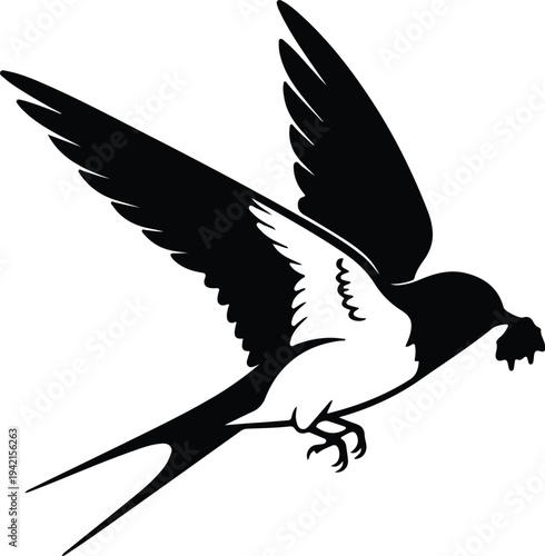 Vector flying swallow bird carrying nesting material silhouette design