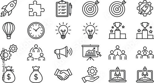 Startup and business growth line icon set with rocket launch, target goal, innovation idea, teamwork, investment and success symbols vector illustration