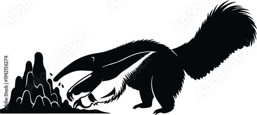Vector giant anteater feeding from a termite mound wildlife silhouette design