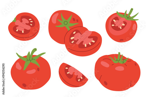 Set of red whole,slice,half tomatoes in flat style. Fresh whole tomato vegetables isolated on light background. Vector illustration for healthy food, greengrocer or grocery design.