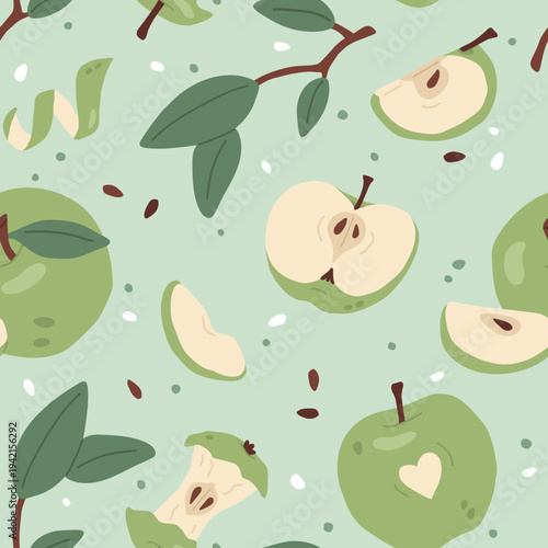 Seamless retro apples pattern with green apples on a warm  background. Hand drawn food illustration, repeating kitchen print for textile, packaging, wallpaper, fabric and surface design.