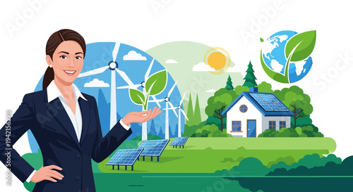 Vector illustration of woman presenting eco-friendly environment with renewable energy