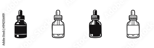 Set of four stylized black and white dropper bottle icons for essential oils or cosmetics