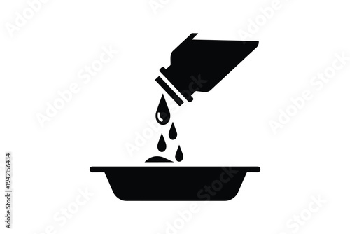 Black silhouette of oil pouring from a bottle into a pan, cooking icon, kitchen utensils and food preparation concept.