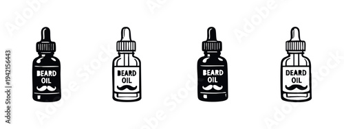 Set of four stylized black and white beard oil dropper bottle icons with mustache symbol