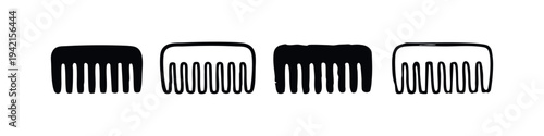 Set of four stylized black and white comb icons for hair styling and grooming