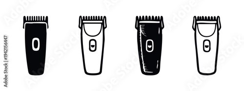 Set of four stylized black and white hair clipper or trimmer icons for barbershops