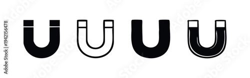 Horseshoe Magnet Icon Set with Poles. Vector illustrations for physics, science, and magnetic force concepts.