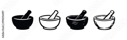 Mortar and Pestle Icon Set for Pharmacy and Cooking Applications