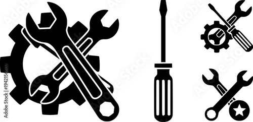 Tools and Service icons set. Wrench, screwdriver and gear icon. Screwdriver and wrench glyph icon. Settings and repair, service sign - stock vector on white background
