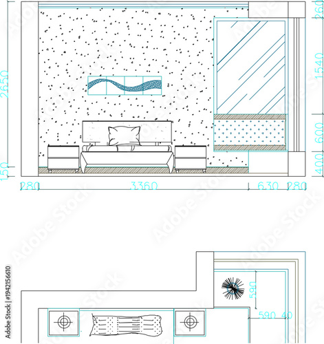 Black and White Architectural Section Illustration of Residential Living Room with Staircase, Upper Floor Area, Furniture Placement, and Structural Measurements