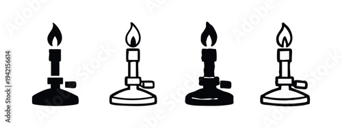 Bunsen burner vector icon set with flame. Laboratory heating equipment.