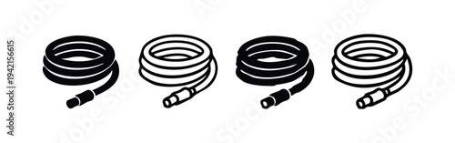 Coiled cable or hose icons set, vector design of wound wire and connector symbols.