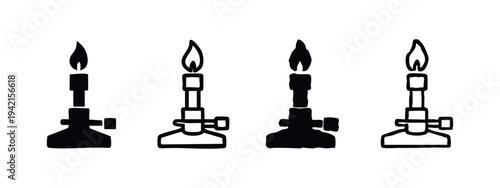 Bunsen burner with flame icon set, laboratory equipment symbols vector illustration.