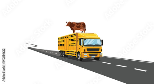 A large yellow livestock truck, with a brown cow standing on its roof, travels along a winding grey road against a white background.