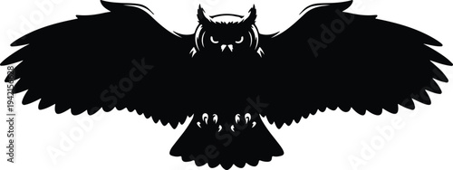 Vector owl with wide wings spread flying forward silhouette design